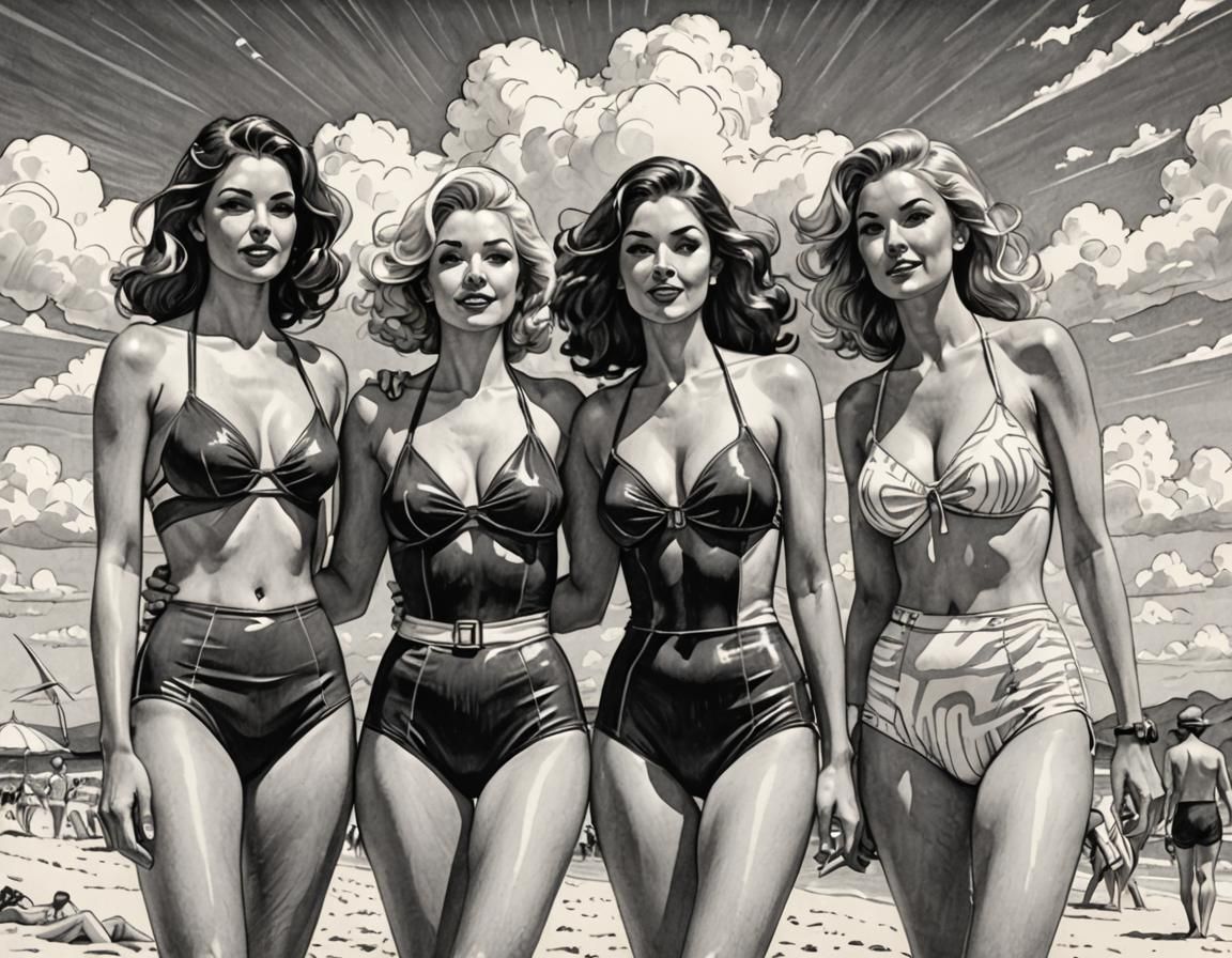 Retro Beach Babes in Thick Line Pencil Art