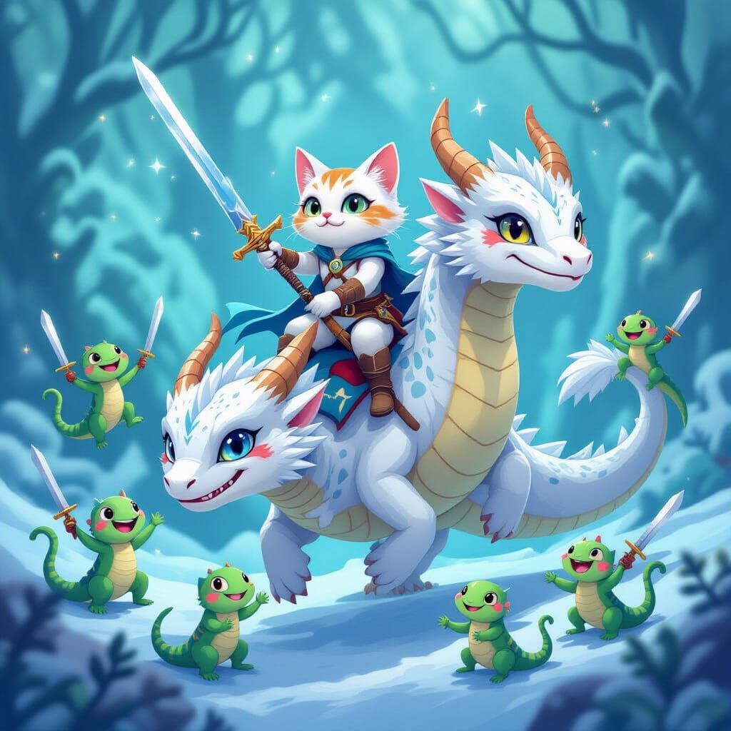 Fantasy Cat Riding Dragon with Gecko Warriors