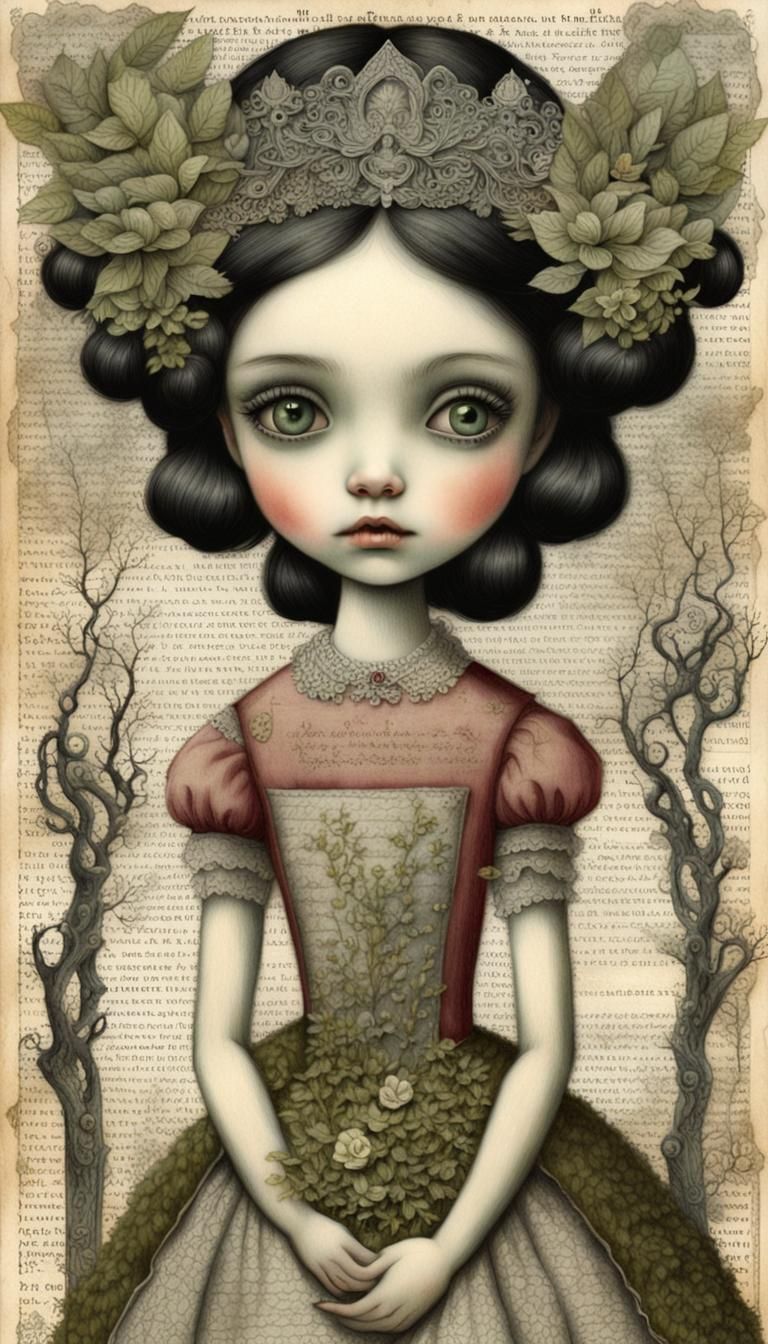 Gothic Moss Princess in Mixed Media Illustration
