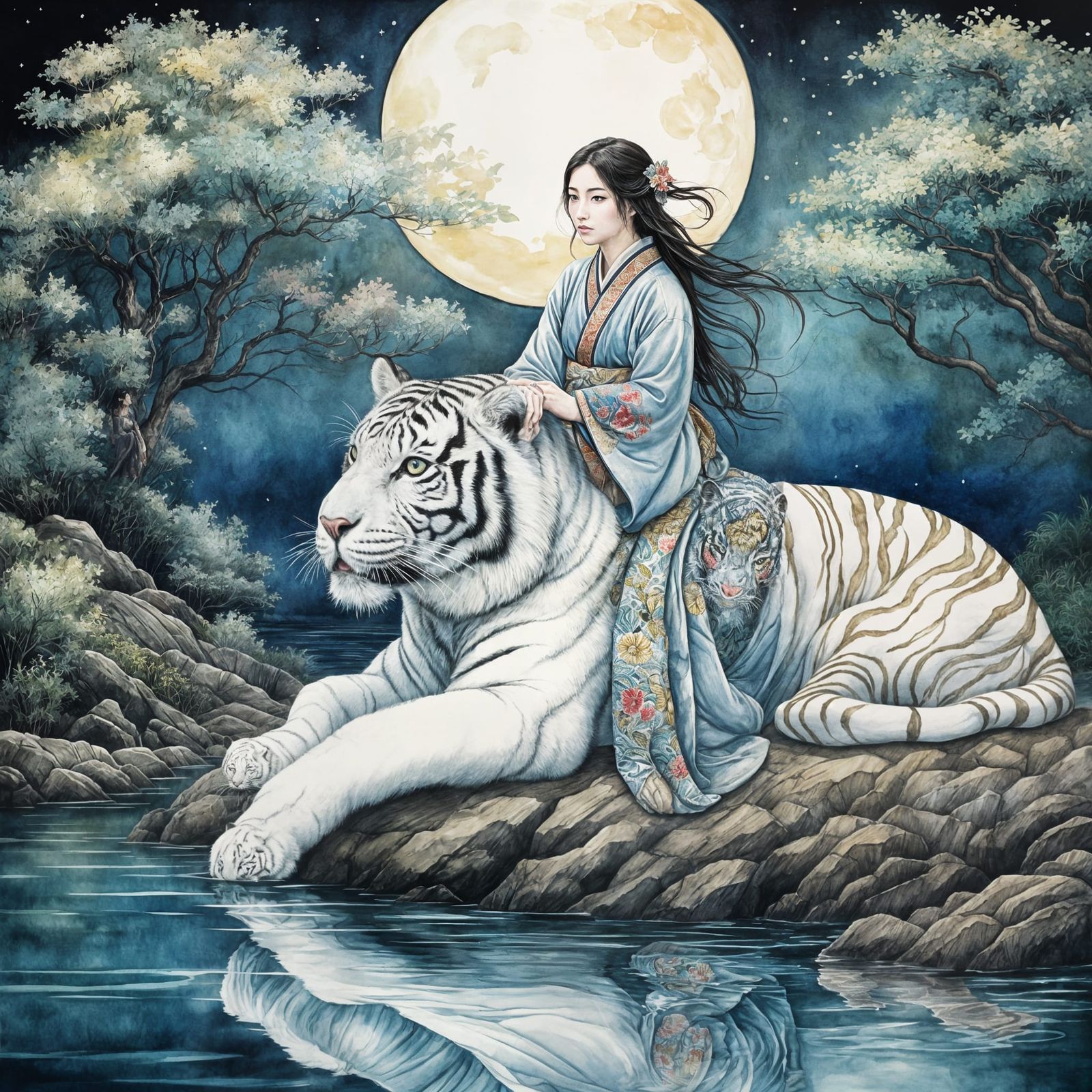 Woman on White Tiger in Japanese Watercolor Style