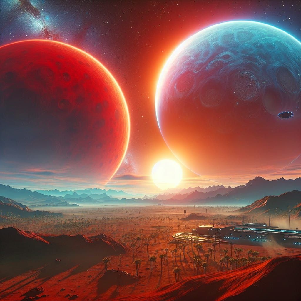 Exotic Alien Landscape with Red and Blue Suns
