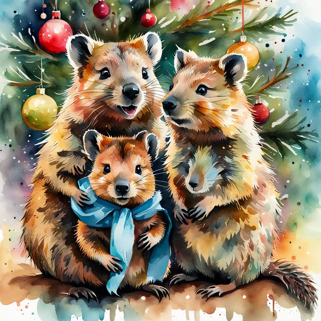 Quokka Family Christmas: A Watercolor Portrait