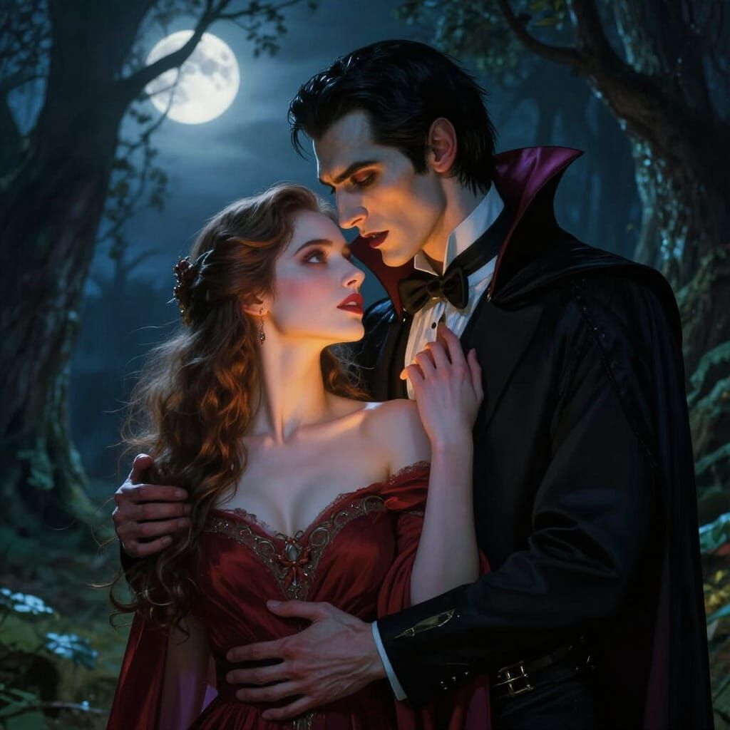 Vampire Embraces Human Woman in Moonlit Forest