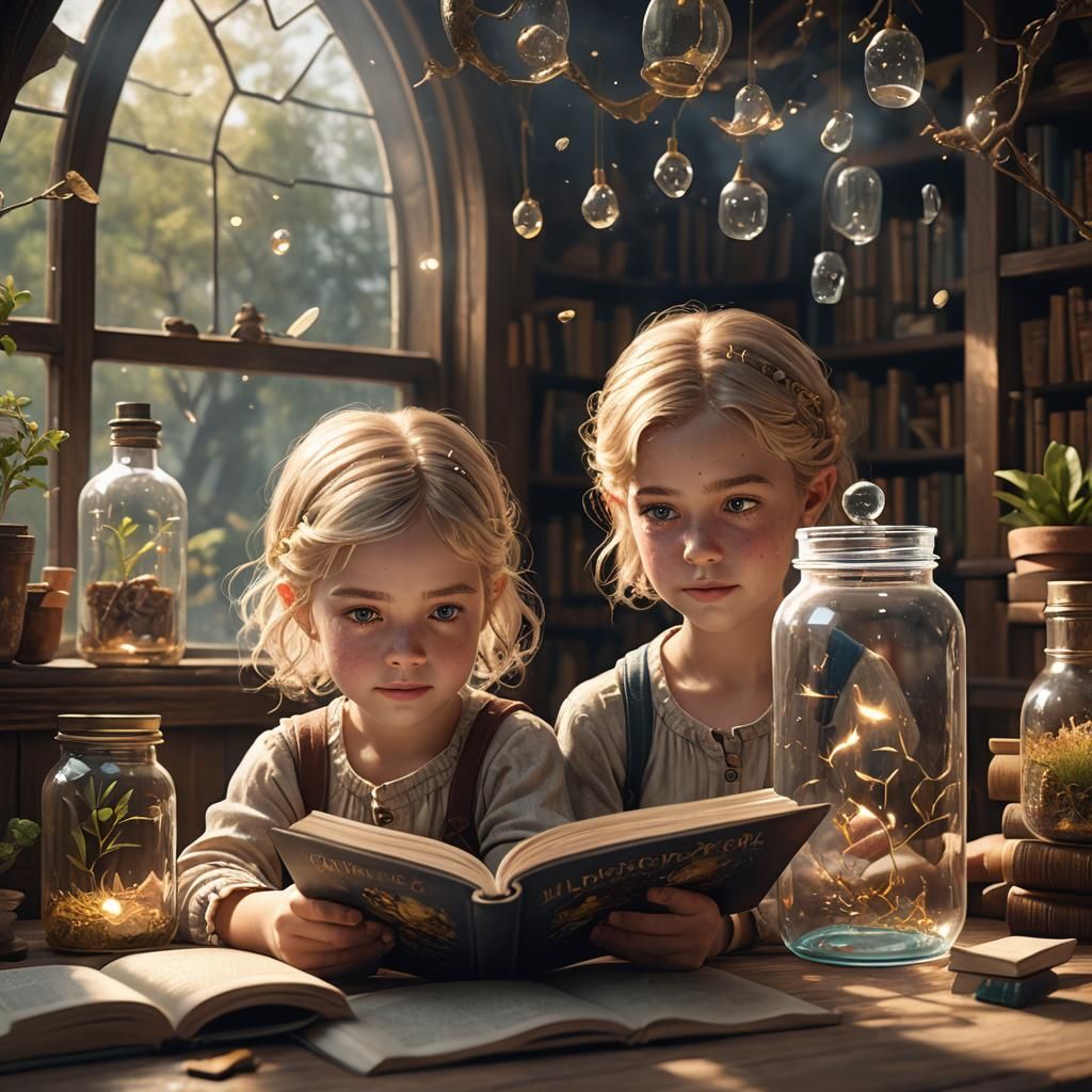 A cute child  blond hair bigbrown eyes freckles reading a bo...