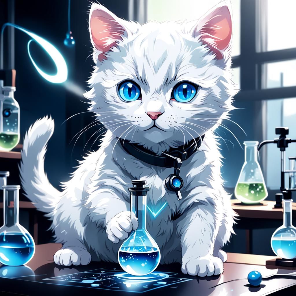 White Cat Scientist in Anime Key Visual Style