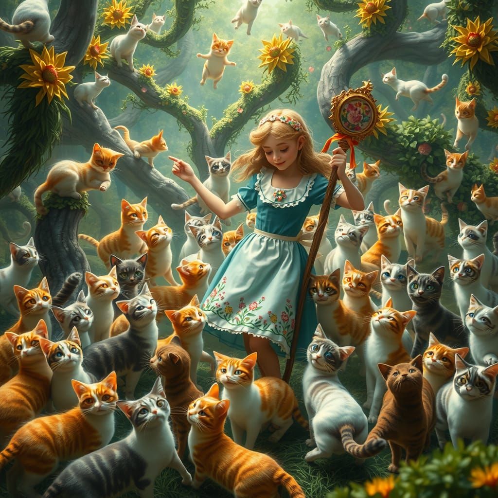 Little Bo-Peep Herding Cats in Fantasy Landscape