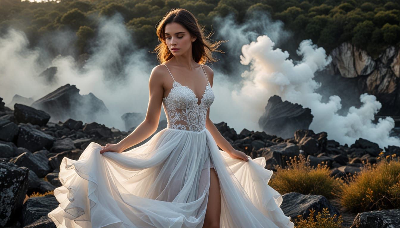 Mystical Woman and White Wolf on Frozen Landscape