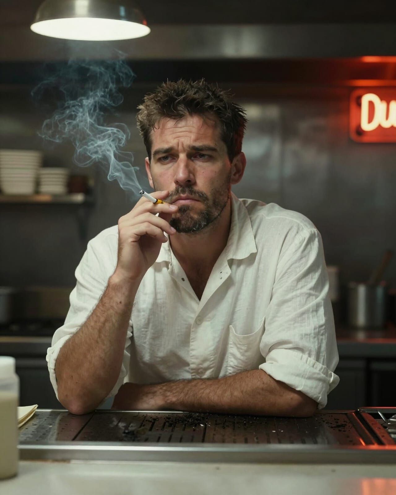 Gritty Cook Contemplating Behind Counter