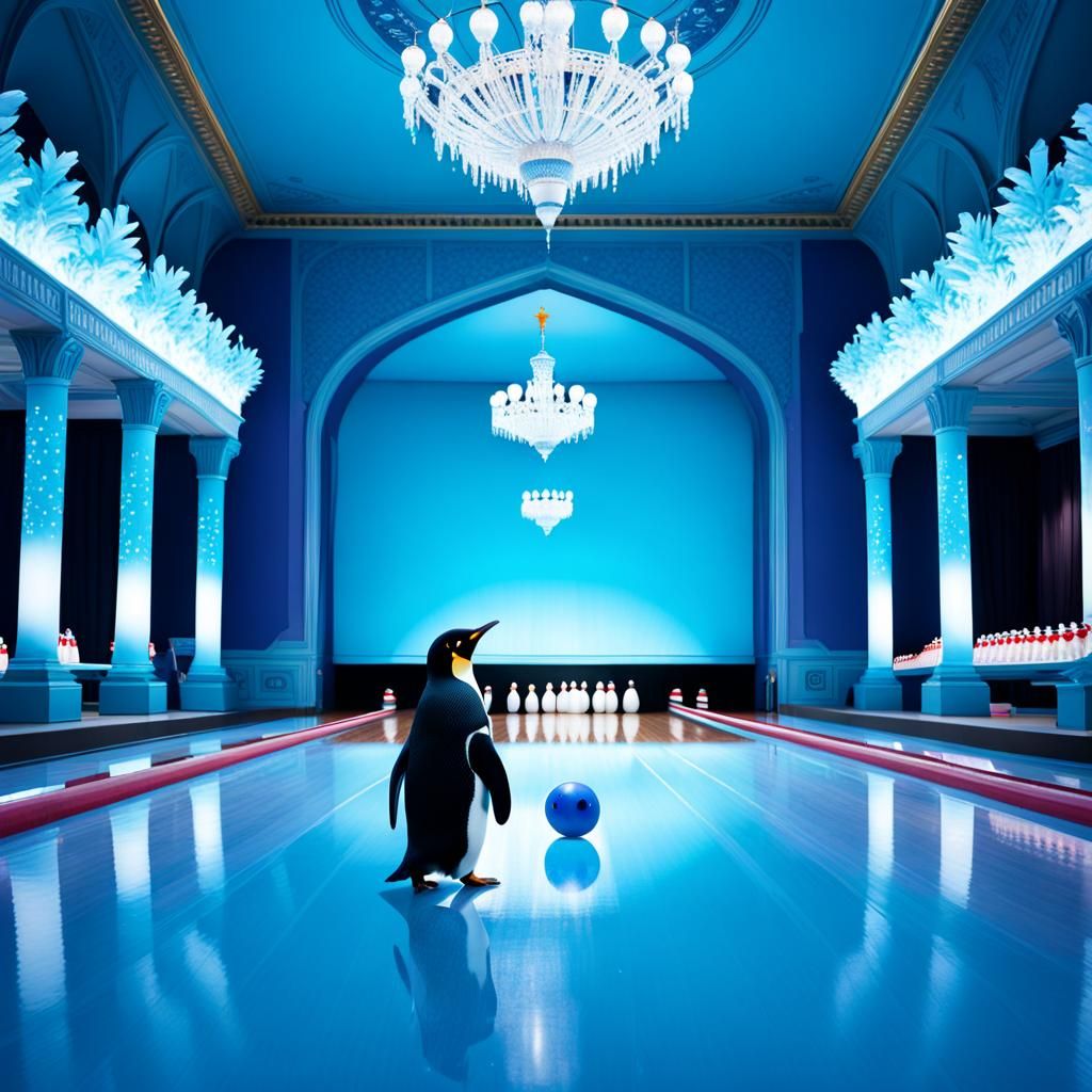 King penguin alone in his ice blue palace, bowling for peace...