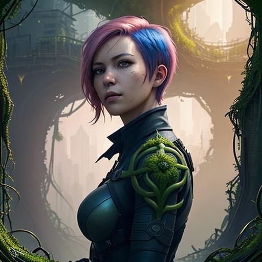 Pink-Haired Heroine in Overgrown City, Fantasy Art