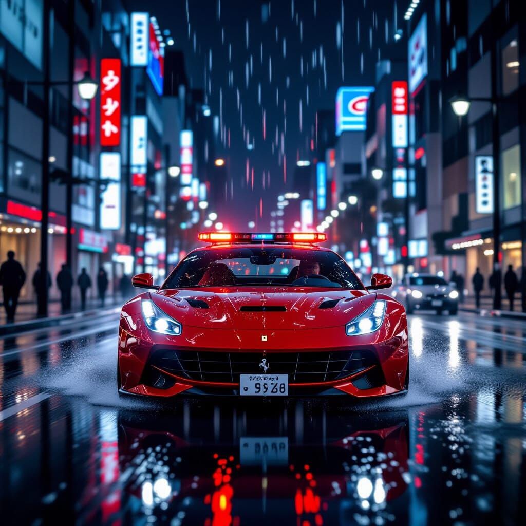 Ferrari F12 in Rain-Soaked Tokyo, Photorealistic Detail