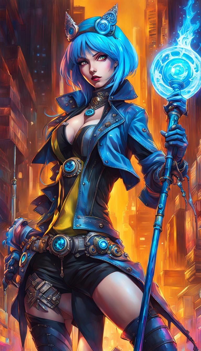 Steampunk Cyberpunk Sorceress with Crystal Staff in Graffiti...