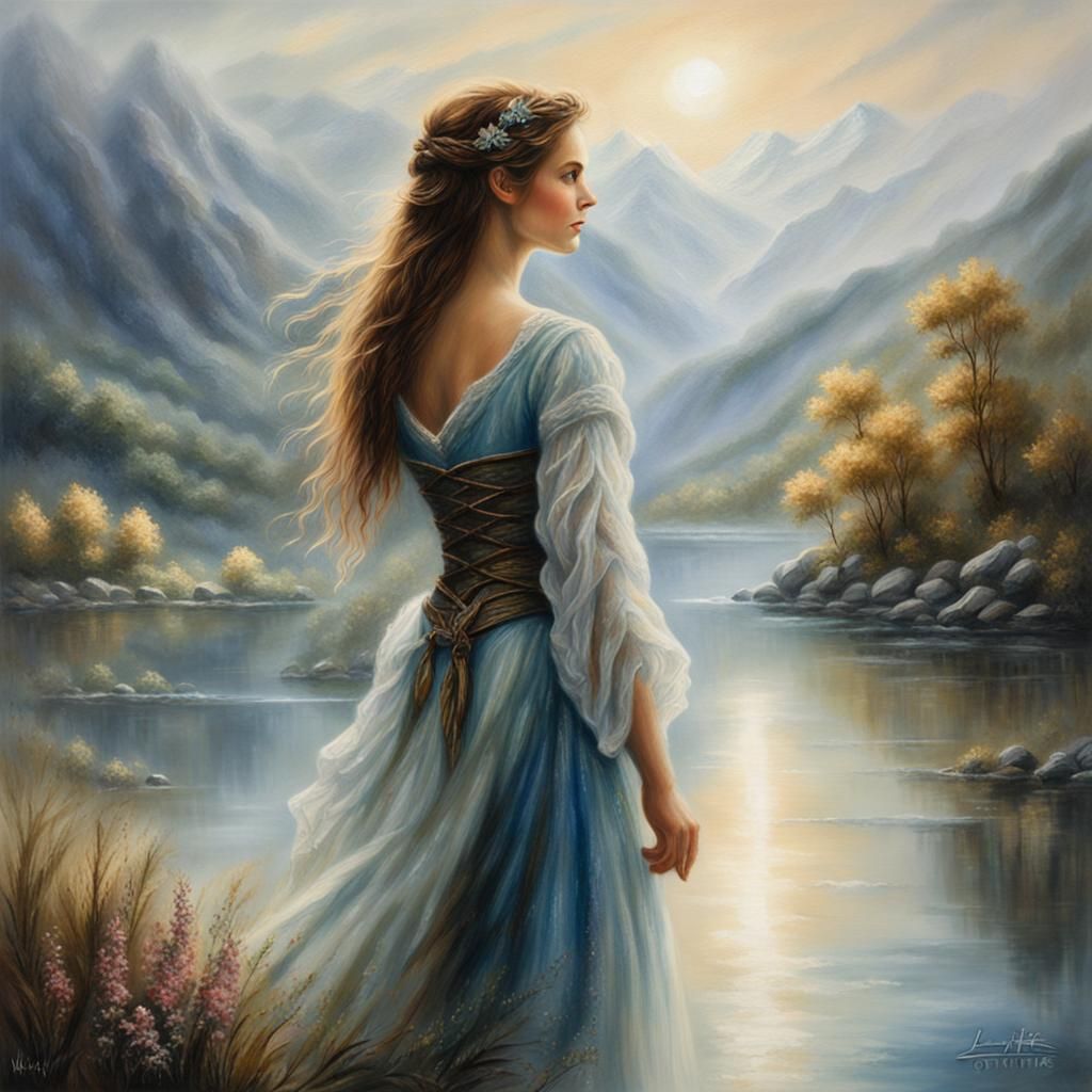 Ethereal Woman in Lakeside Landscape Oil Painting