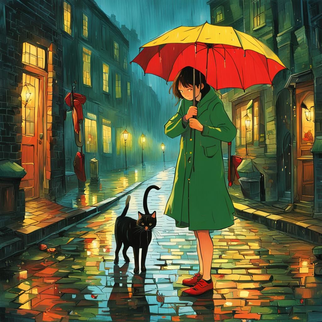 Girl and Cat in Rainy Cobblestone Street Scene