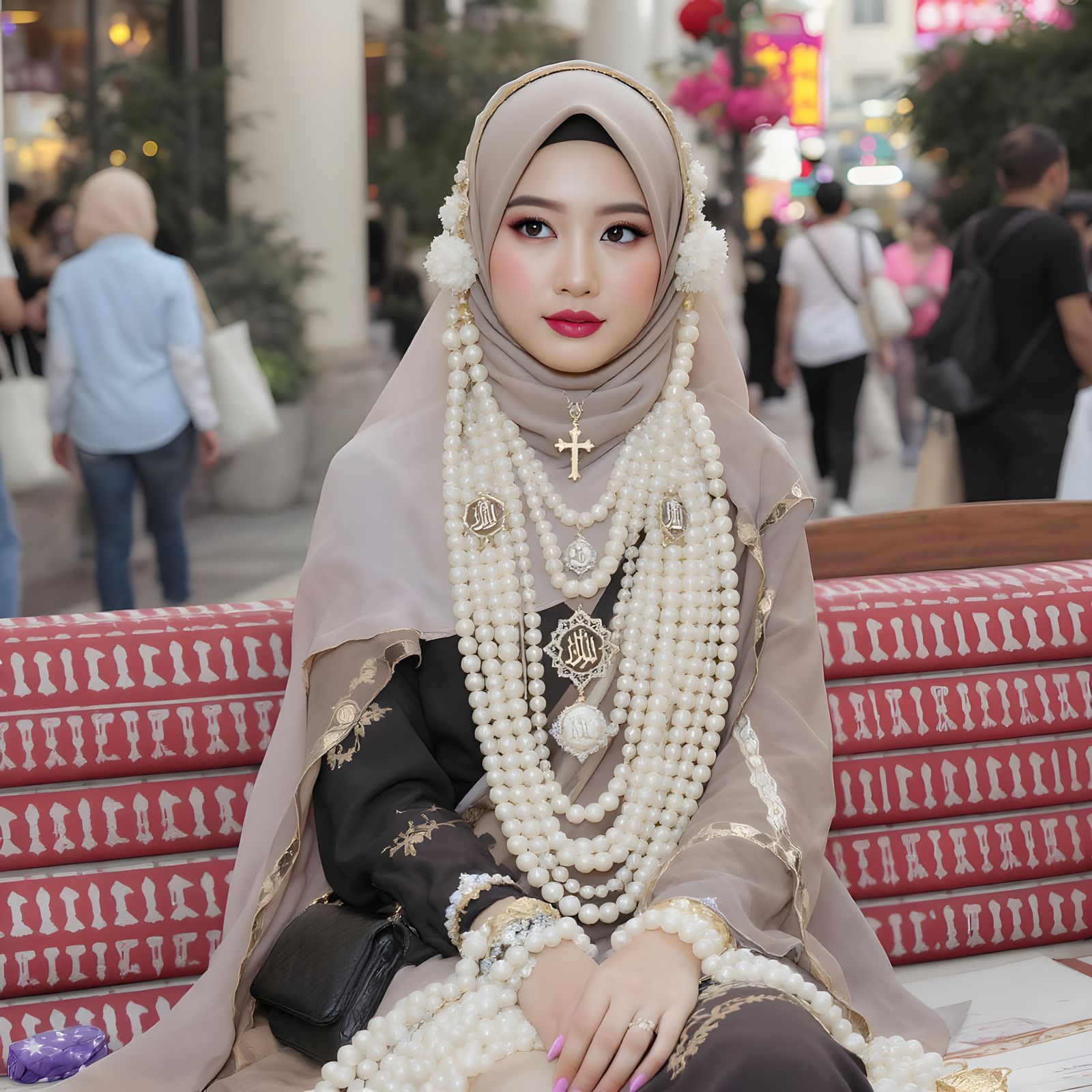 Elegant Hijab with Pearl Jewelry in Murakami Style