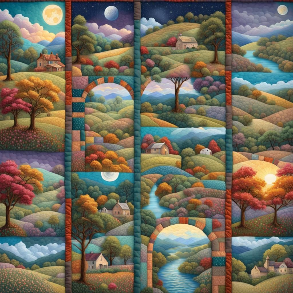 Intricate Patchwork Quilt with Rural Scenes in Hyperrealisti...