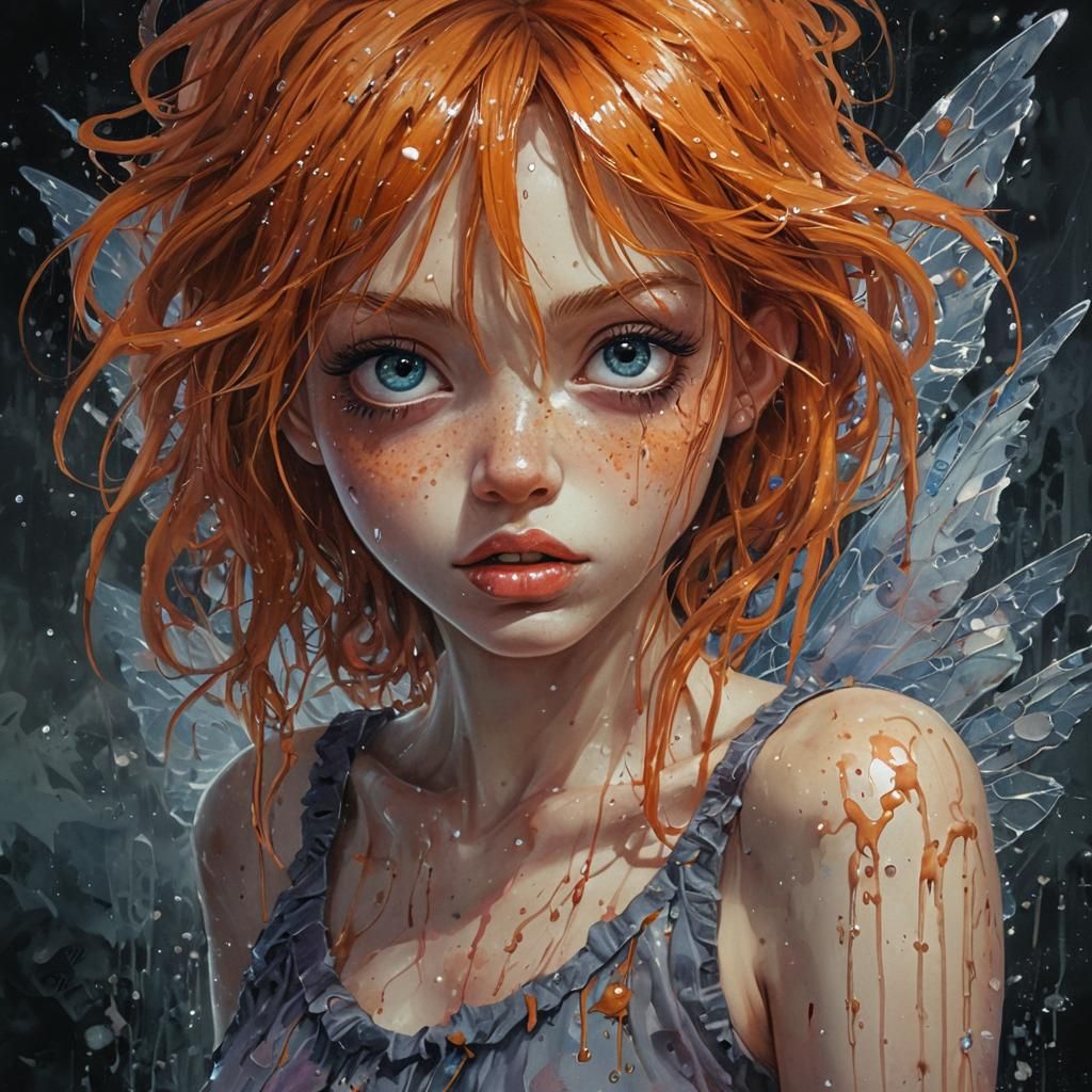 Fairy Girl in Crystal World, Ink Drip Painting