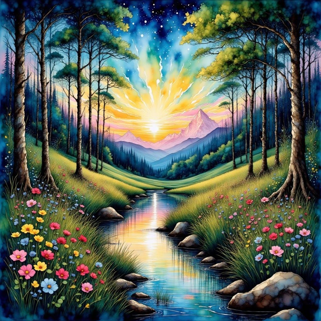 Starry Meadow: Impressionist Night Landscape