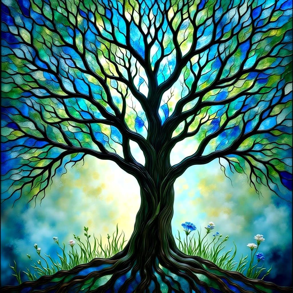 Sea Glass Tree Sculpture in Art Nouveau Style