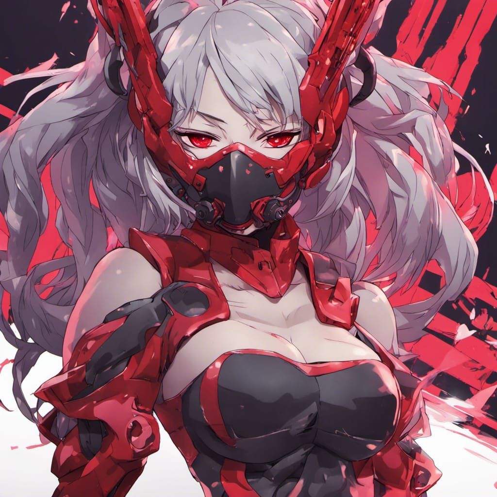 Crimson Cyber Oni Girl with Mask: Anime Style