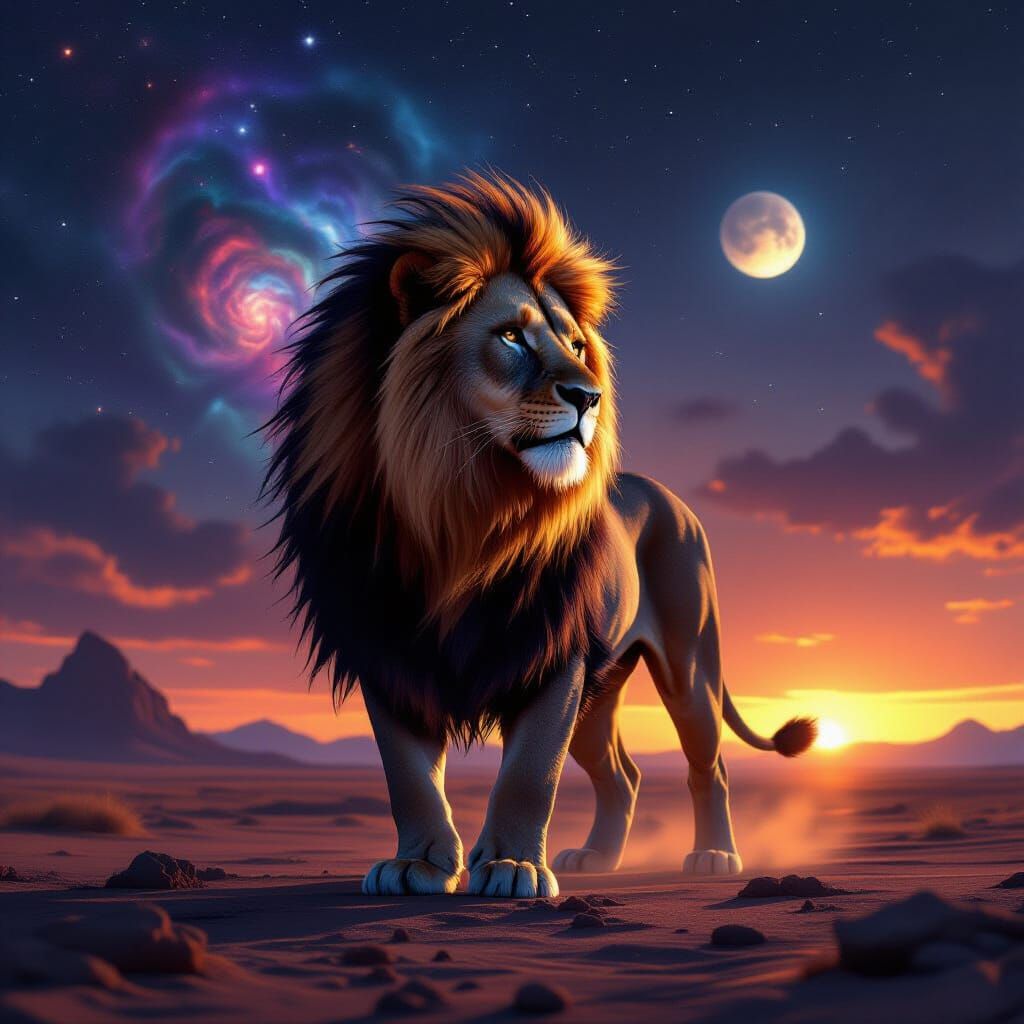 Cosmic Lion on Alien Planet Under Binary Sunset