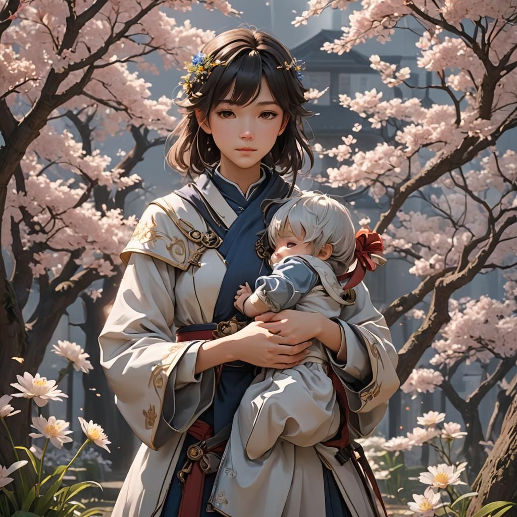 Anime Style Mother and Child 3D Render