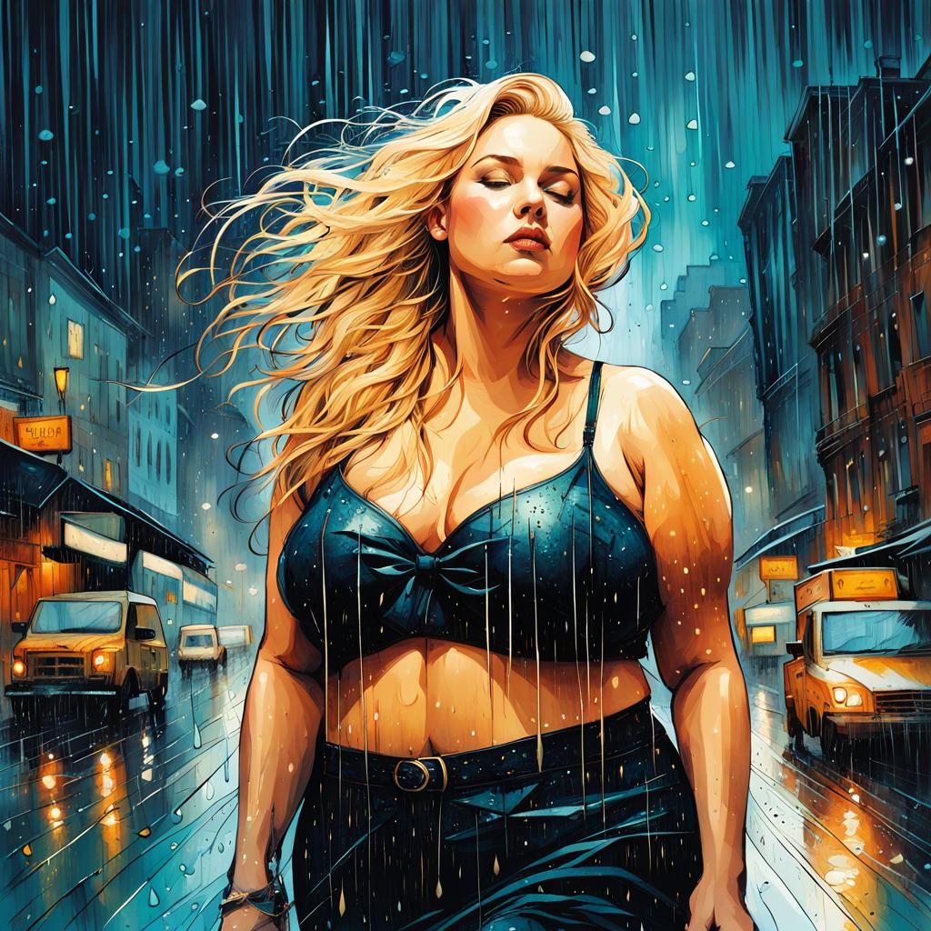Plus Size Woman in Rain, Surreal Art