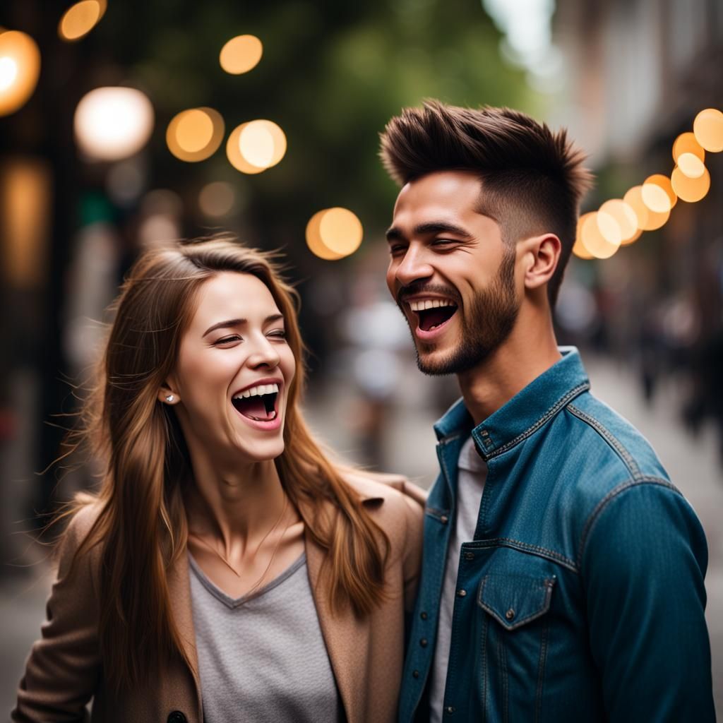 Joyful Couple Laughing on Beautiful Street: Professional Pho...