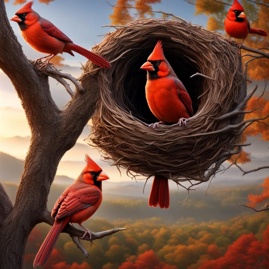 Cardinals Nesting in Autumn Oak, 3D Render