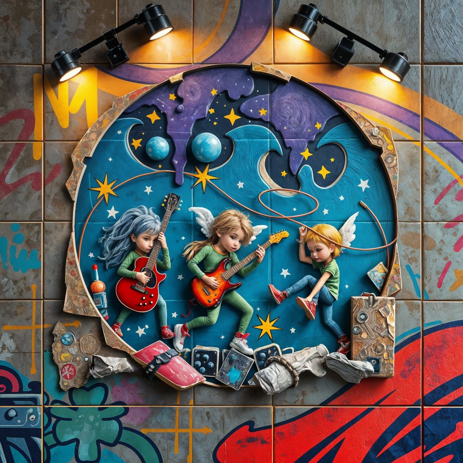 Celestial Rock Musicians in Graffiti Embossed Texture