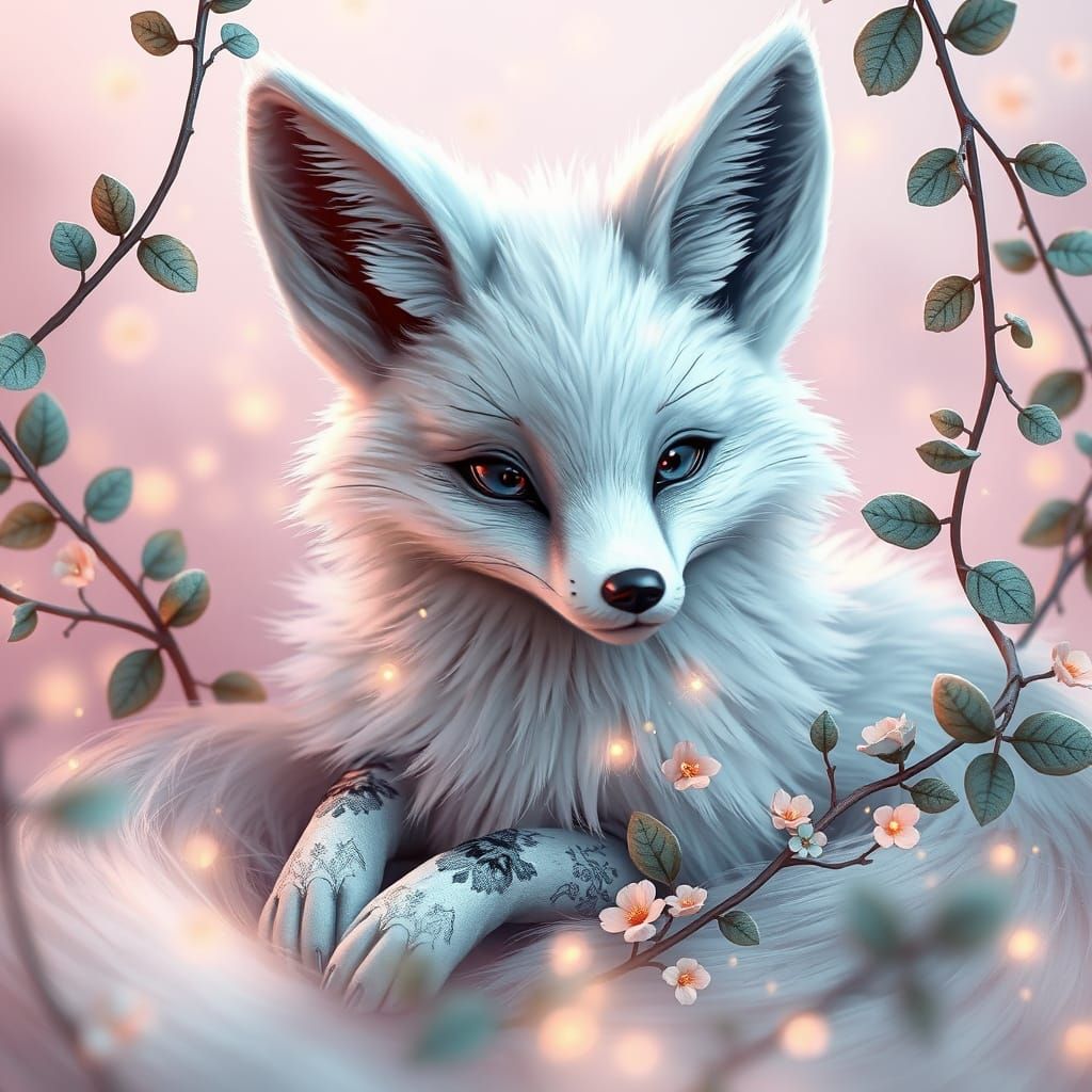 A charming 3D render of a stylized digital illustration featuring a magical-looking fox resting gracefully among glowing...