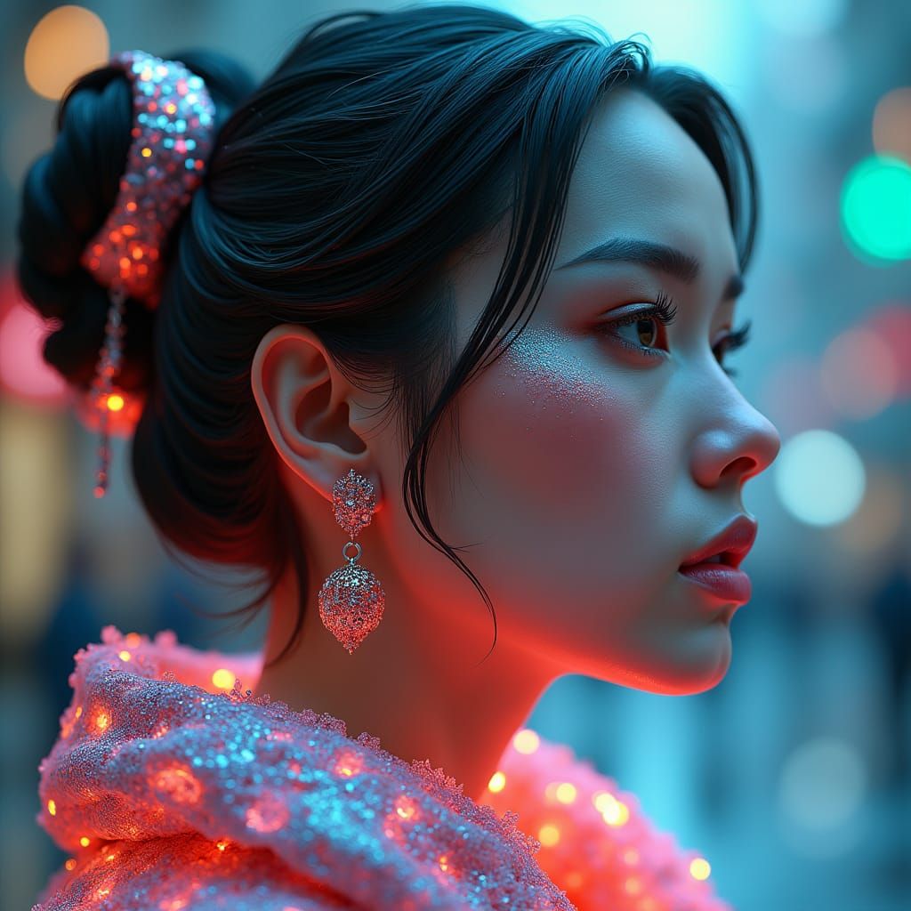Cyberpunk Woman: Hyperrealistic Portrait with Neon Jewelry