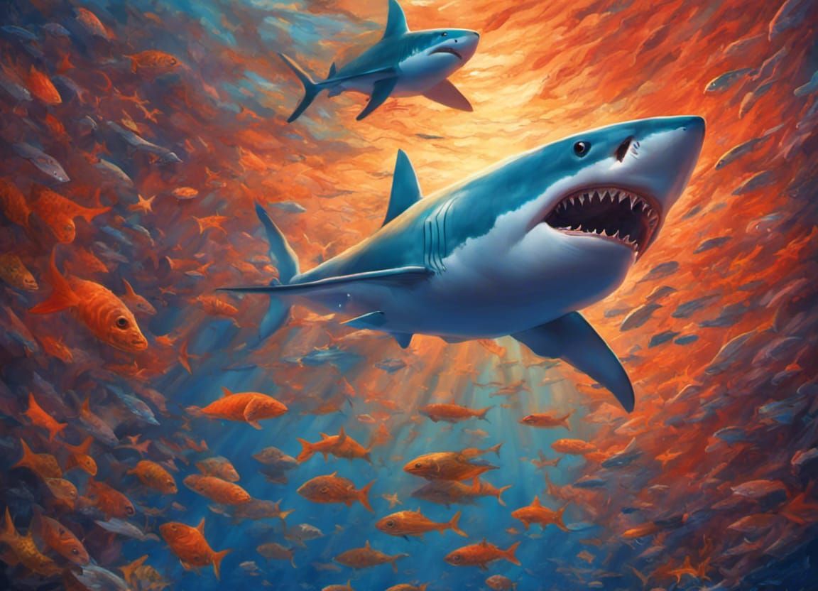 Hyperrealistic School of Fish and Shark in Ocean