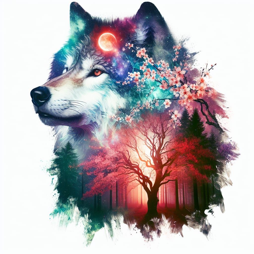 Hyperrealistic Wolf Double Exposure: Forest at Night