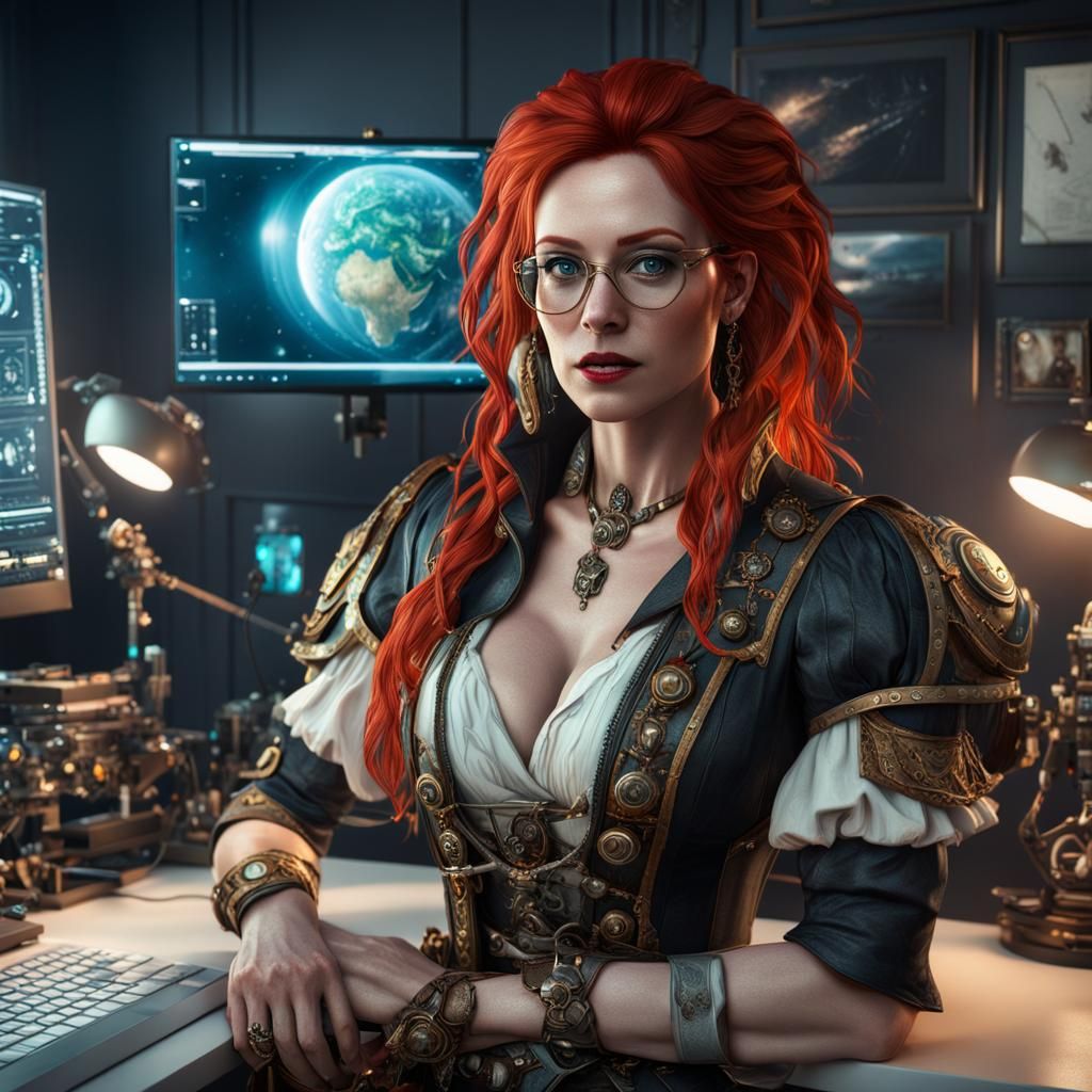 Opulent Redhead Hacker in Sci-Fi Bedroom Portrait