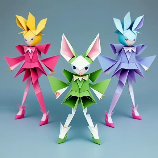 Origami Rabbits as Powerpuff Girls in Papercraft Style