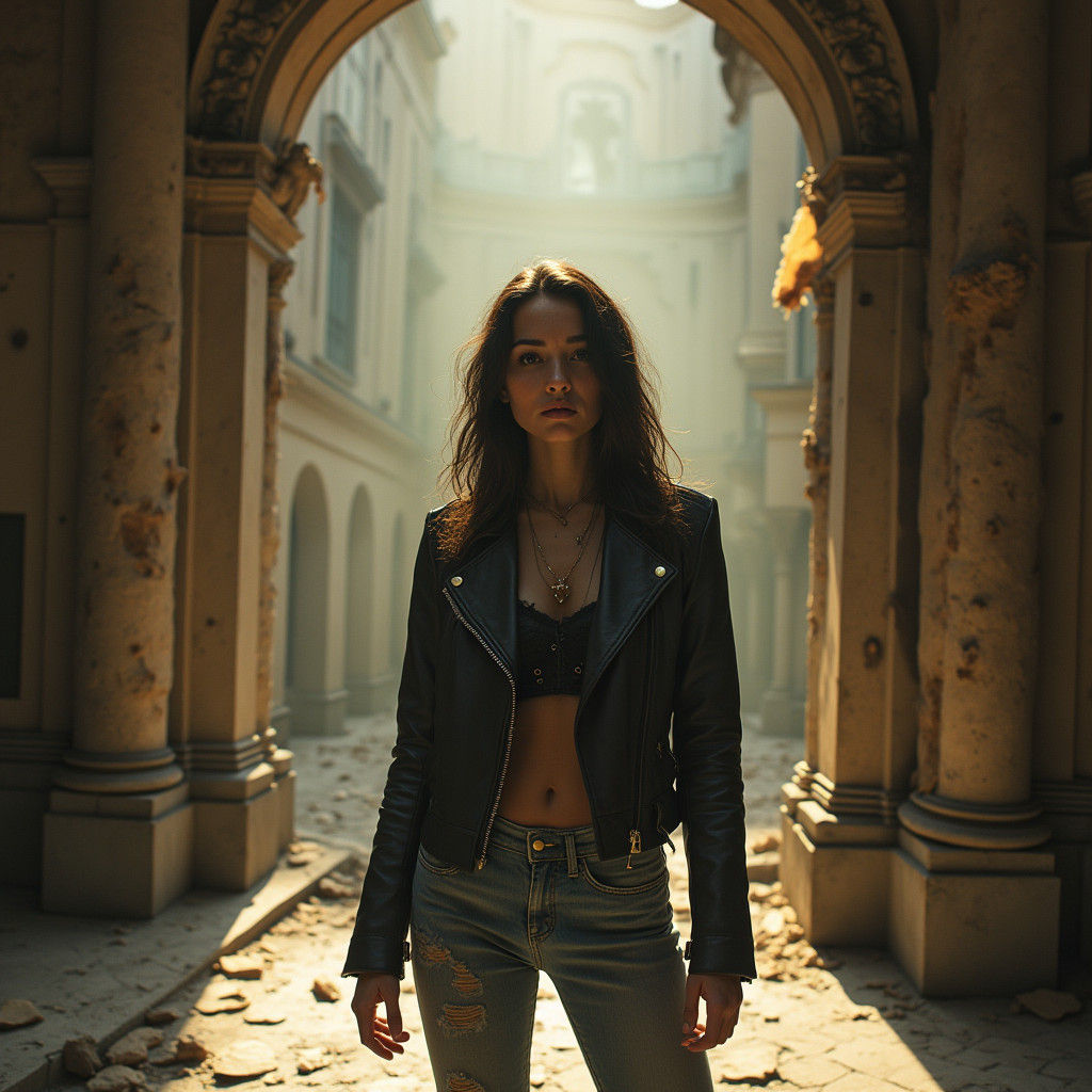 Biker in Renaissance Scene as Vintage Film Still