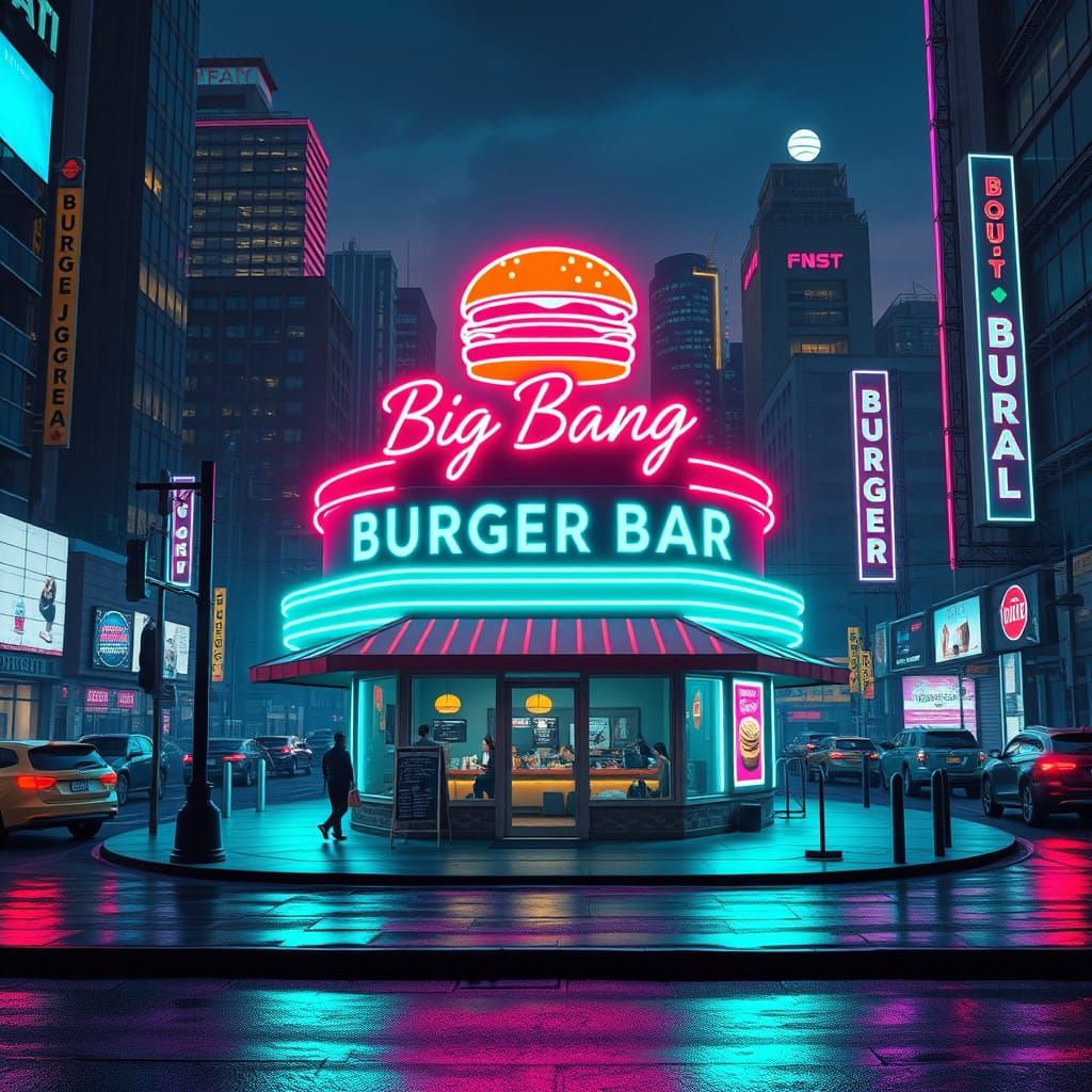 Neon Cyberpunk Burger Joint Amidst Bustling Cityscape