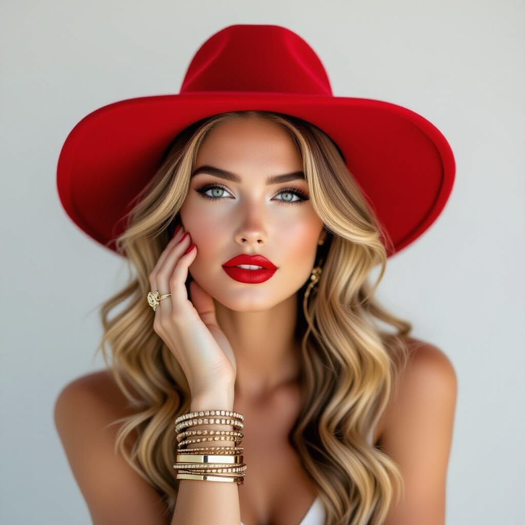 Sensuous Woman in Red Hat with Stacked Bracelets