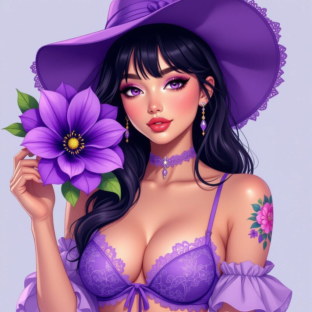 Anime Woman in Purple Lace Posing with Flower