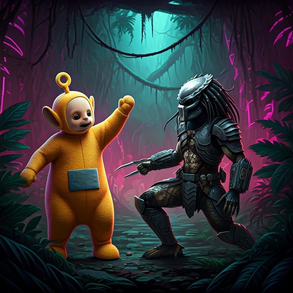 Alien Hunter Teletubby Engages Futuristic Jungle Foe