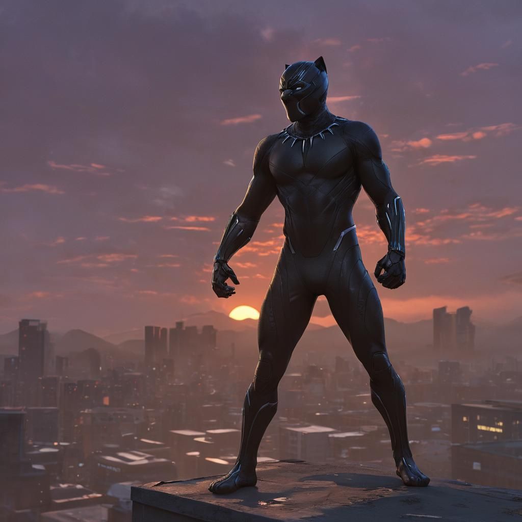 Anime Superhero Black Panther on Rooftop at Sunset