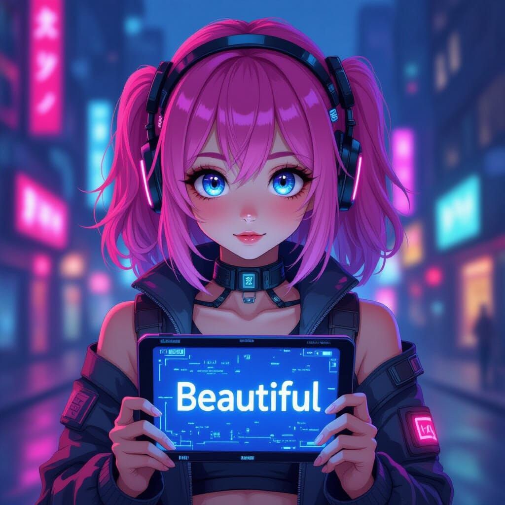 Anime Girl with Tablet in Cyberpunk Neon Cityscape