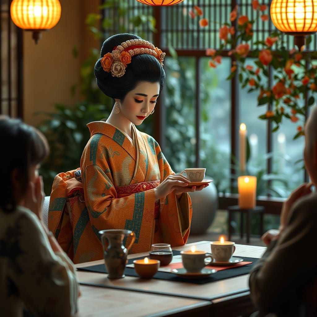 Geisha Prepares Tea in Candle-lit Art Nouveau Setting