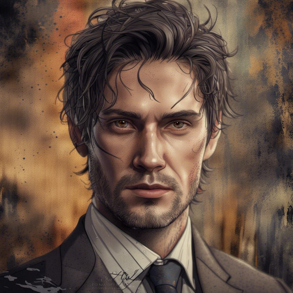 30 year old man with whitish-grey eyes, very pale slightly rotting skin, chin length brown hair with grey streaks, weari...