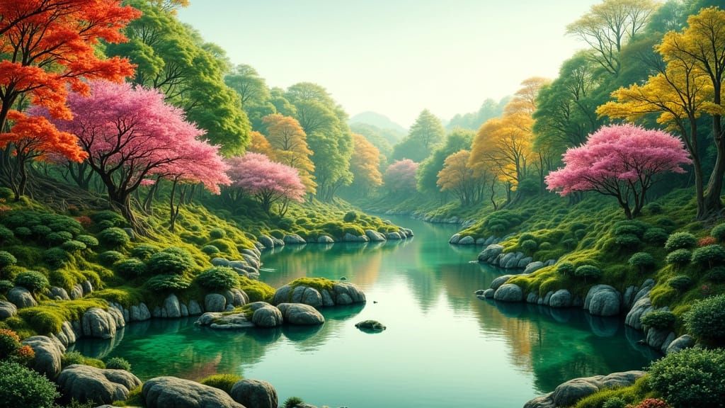 Serene Japanese Garden with Autumn Foliage and Plum Blossoms