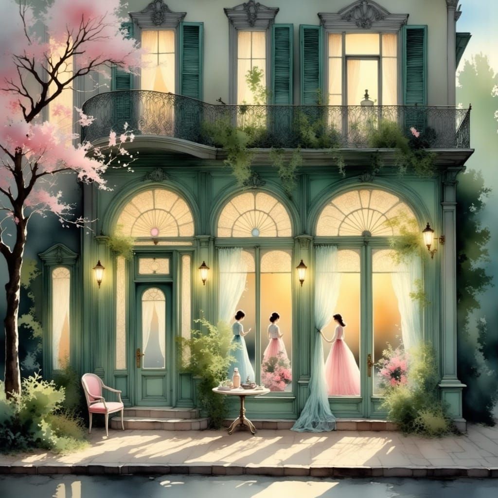 Elegant Perfumery Storefront with Cherry Blossoms