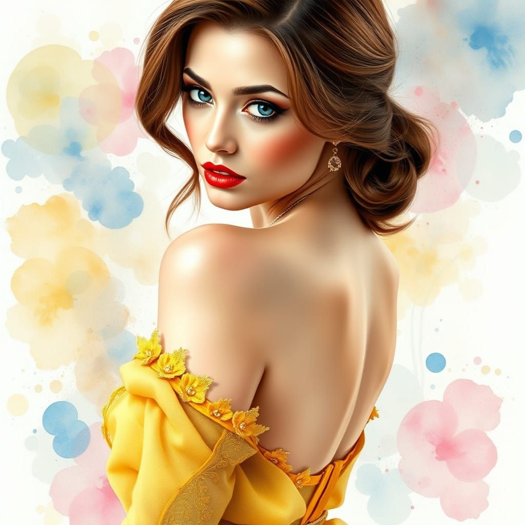 Ethereal Watercolor Pinup in Yellow Gossamer