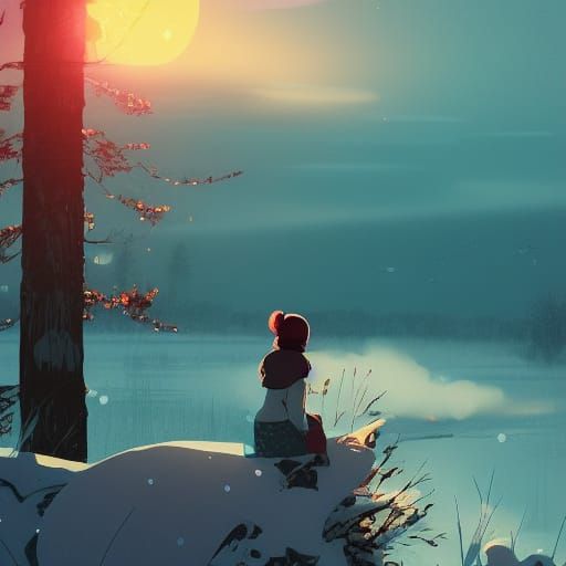 Girl and Cat Watching Winter Sunset: Ghibli Style
