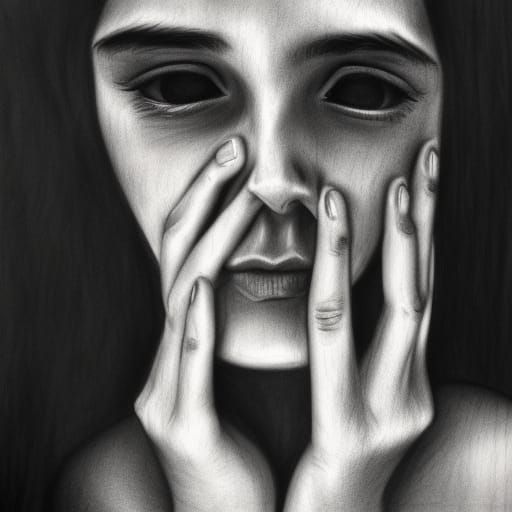 Depressed Woman's Tearful Charcoal Portrait